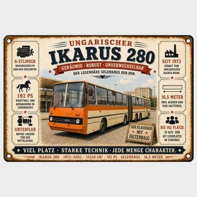 Blechschild Ikarus 280 Gelenkbus Ungarn Heckmotor DDR  Metallschild TEL5991