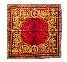 Atelier Versace Red Gold Baroque Cheetah Leopard Crown Silk Scarf 34x34