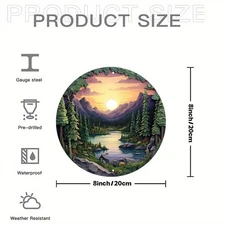 2D Flat,Vintage Forest Stream Sunset Metal Wall Art - 8x8 Inch Round Aluminum Si