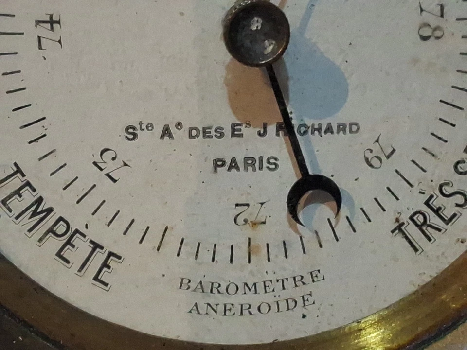 Ancien Baromètre Anéroïde En Laiton Marque Jules Richard Paris France Ø 9 cm - Photo 4/4