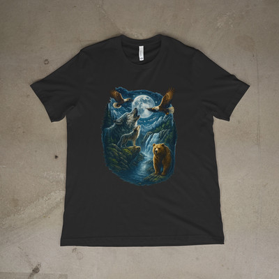 Wolf Bear Eagle Moon Shirt Wildlife Nature Scene Graphic Tee Mountain Art Design