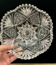 American Brilliant Cut Glass Bowl 8” Hobstar Fan Sawtooth Bowl Antique
