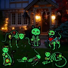 6 Pack Glow in The Dark Halloween Decorations Fluorescence Cat Skeleton with Col