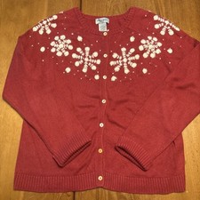 Vintage Eddie Bauer Cardigan Sweater Med Cotton Angora Christmas Red Snowflakes
