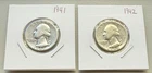 1941 & 1942 Washington SILVER Quarters ~ 90% Silver ~ WWII Era (2 Coin Set)