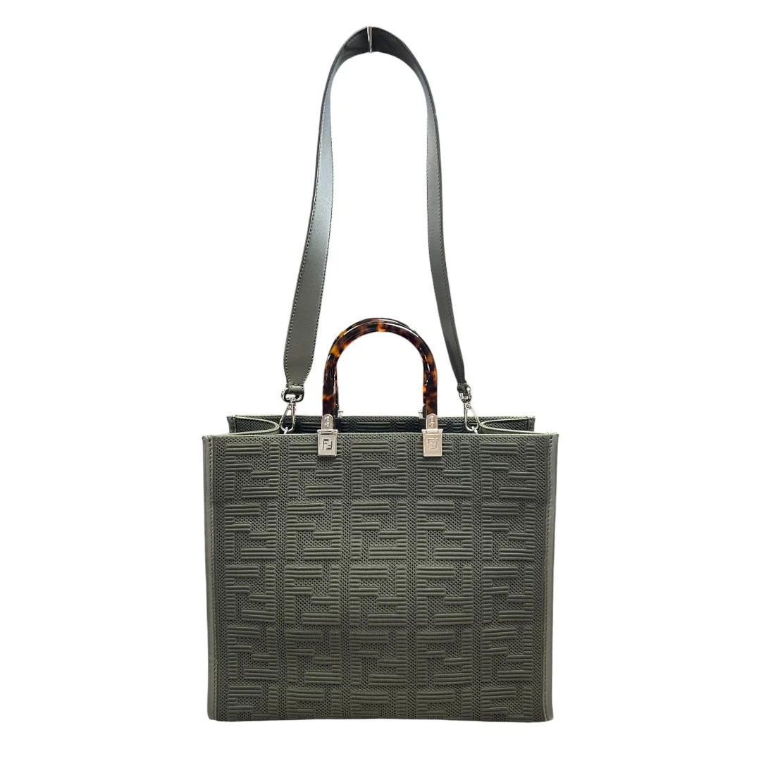FENDI Knit Fabric and Leather Sunshine Shopper Tote Bag Olive Green Silver