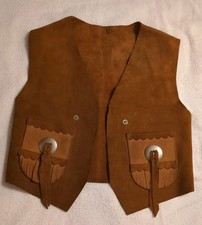 Vintage Childrens Boys Brown Suede Leather Western Vest Conchos Fringe Costume