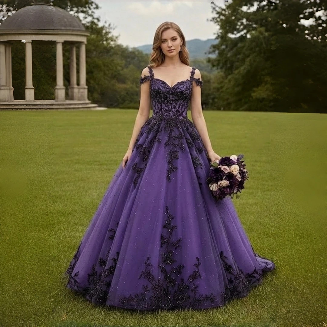 purple and black lace dress Victorian-Inspired Gothic Purple and Black Lace Corset Dress with High-Low  Skirt – Gothic Prom Dress with Long Sleeves Plus Size main image 1