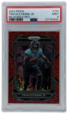 2022 Panini Prizm Travis Etienne #132 Red No Huddle Prizm /50 Jaguars PSA 9