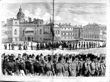 Original Old Antique Print 1855 Dustribution Crimean Medals Queen Horse Guards