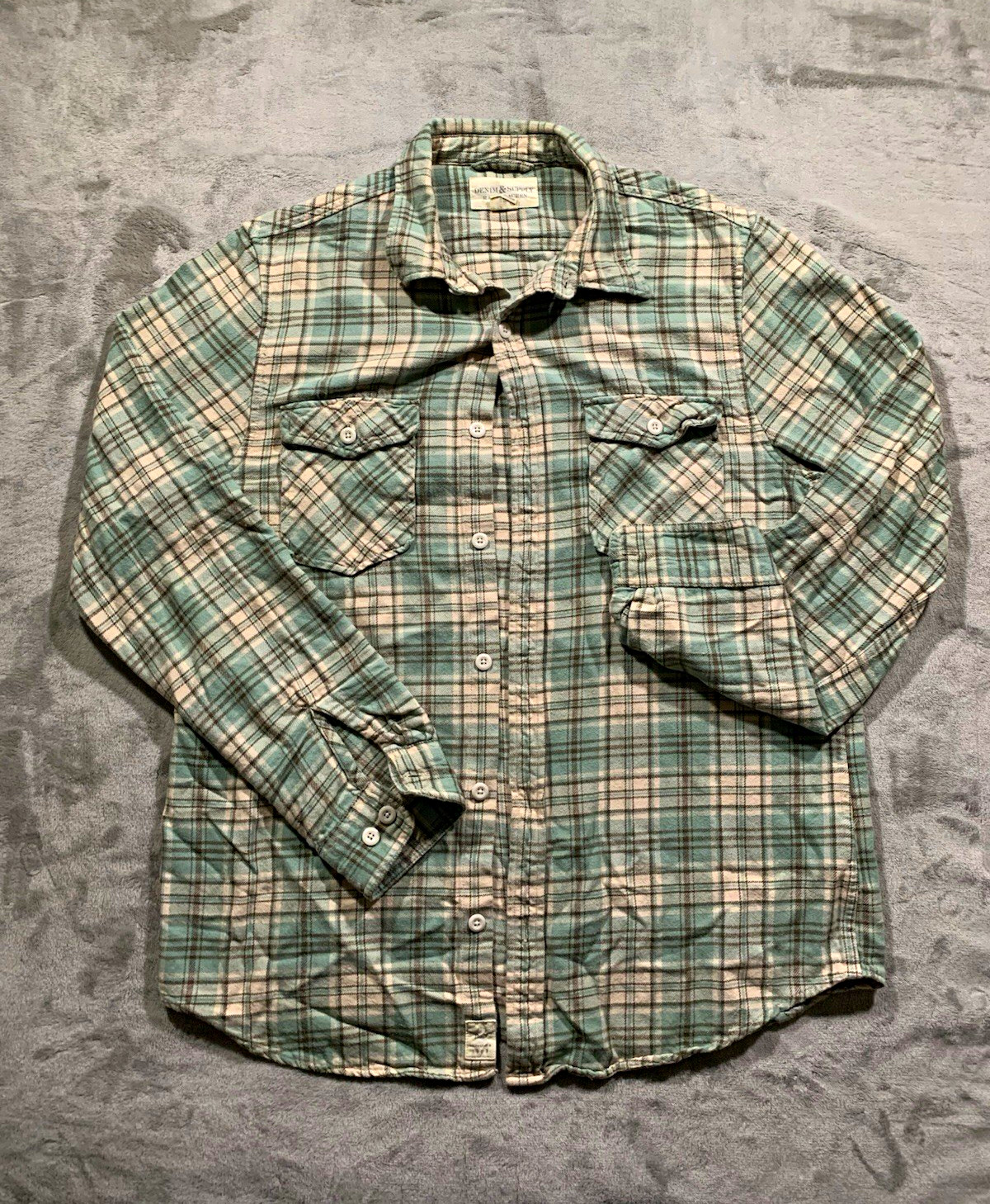 VTG Y2K Denim Supply Polo Ralph Lauren Green Plaid Flannel Shirt Pockets Sz L