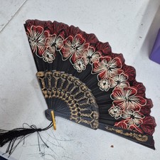 Folding Hand Fan Floral Print, Black,With Sparkling Red And White Flowers,Tassel