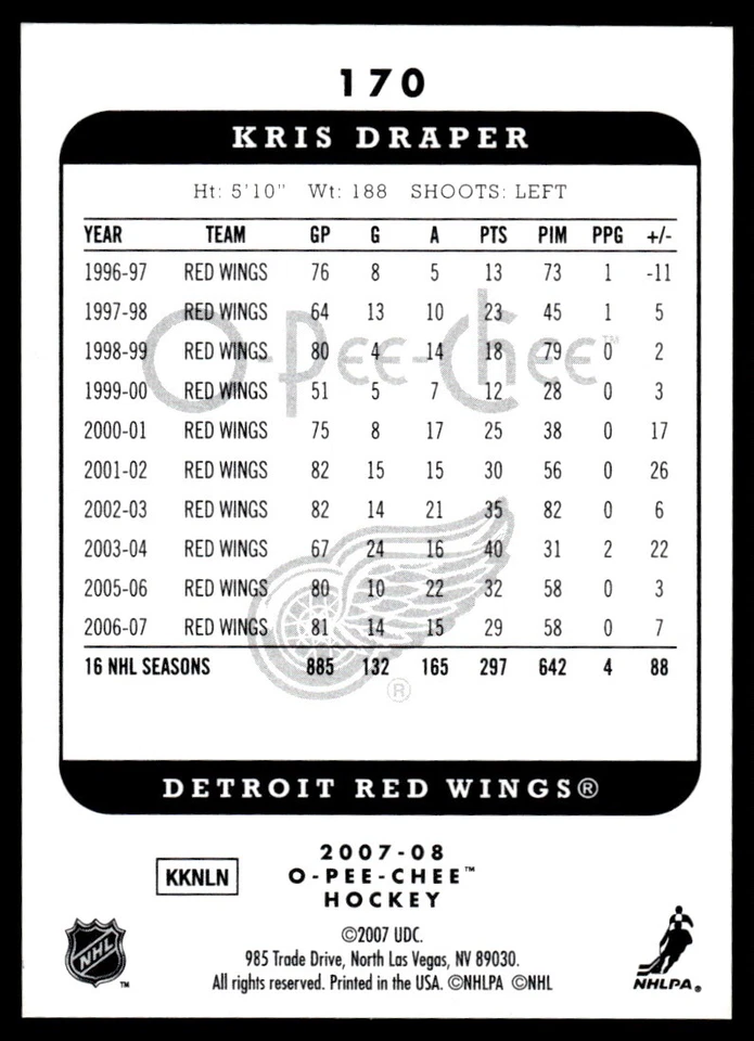 2007-08 O-Pee-Chee Micromotion Kris Draper Detroit Red Wings #170 - Image 2 of 2