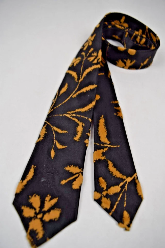Neck Tie VTG Countess Mara 50s 60s Black Soft Raised Gold Floral 54.5" x 2.25" - Image 2 of 4
