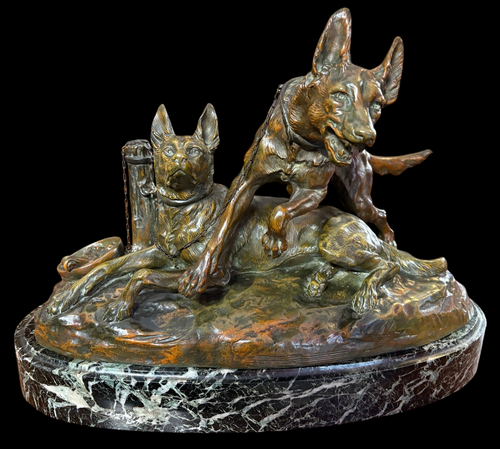 Antique French Large Patinated Bronze Sculpture Dogs Marble Base Signed 19th C