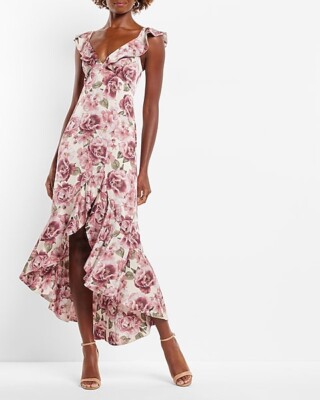 NWT EXPRESS Floral Print Ruffle Hi Lo Maxi Dress Pink Green Summer Sz 0 |  eBay
