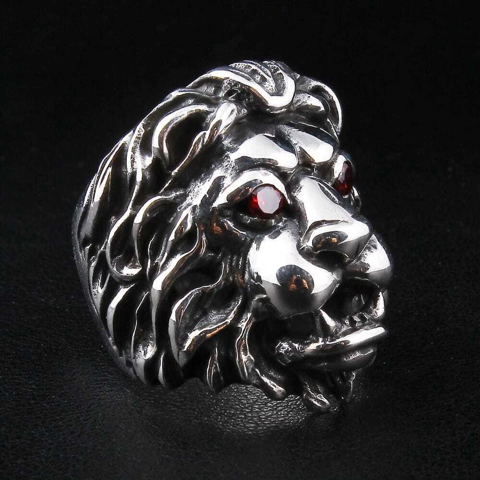 HEAVY KING GARNET LION HEAD LEO BIG 925 STERLING SILVER RING NEW MENS BIKER ROCK - Image 4 of 4