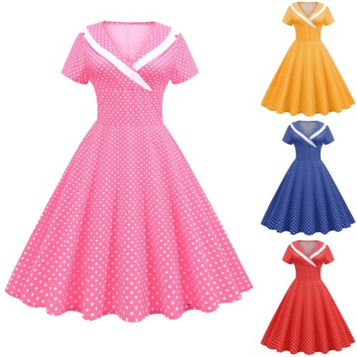 Women 50s 60s Vintage Polka Dot Cocktail Audrey Rockabilly A-Line Wedding Dress