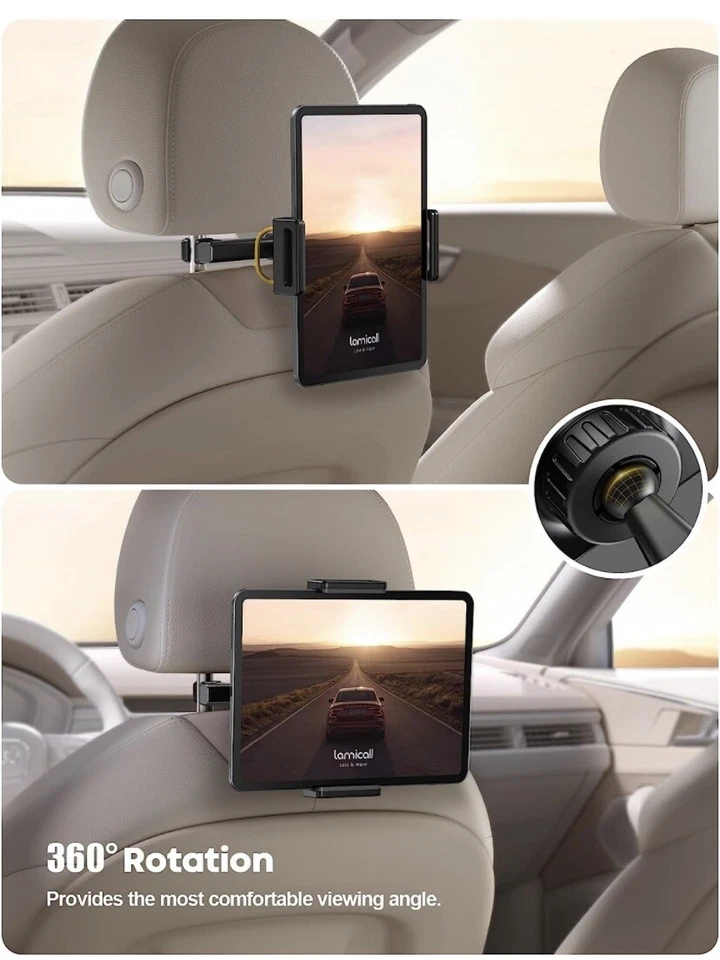 Car Back Seat Headrest Mount Holder Stand For iPad Phones Tablet Universal Black - Image 3 of 4