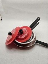 Vintage Red And White Childs Play Kitchen Pans 6 Pc. Set.