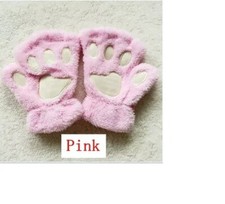 Winter Cute Mitten Soft Half Finger Gloves Warm Paw Cat Claw- Pink