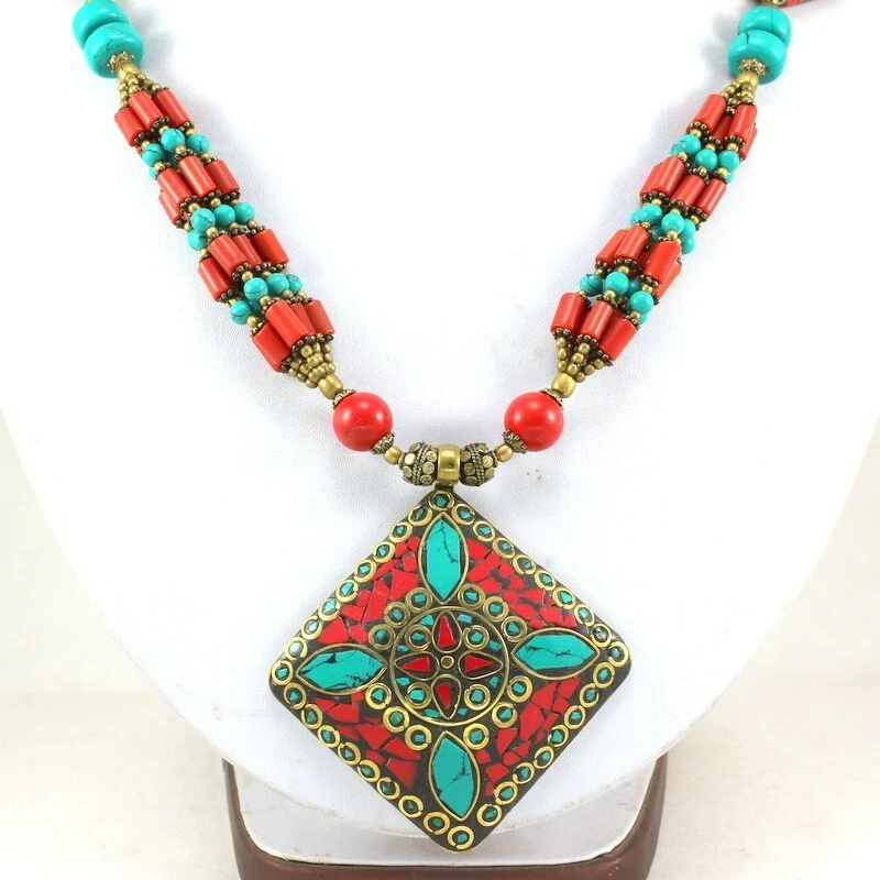 Anhänger Halskette Natur Tibetisch Türkis Rot Quarz Edelstein Handarbeit Perlen - Bild 2 von 4