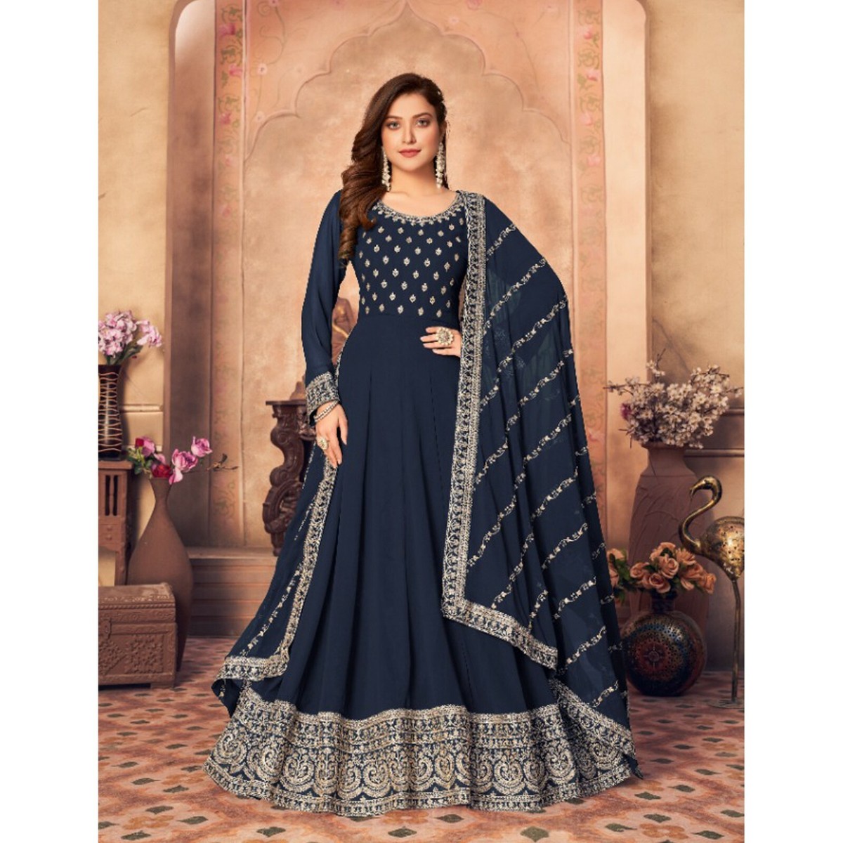 strapless open back dress Plus Size Elegant Teal Blue Anarkali Ensemble with Gold Foil Accents   DESINOOR.COM