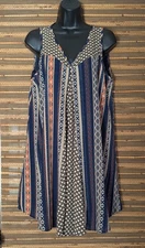 ENTRO Anthropologie Womens S Navy Blue Orange Patchwork Swing A Line Short Dress