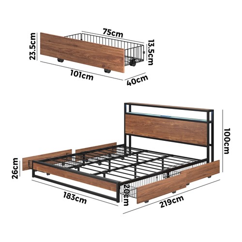 Oikiture Metal Bed Frame King Size with LED Headboard Storage Drawers USB - Picture 10 of 11