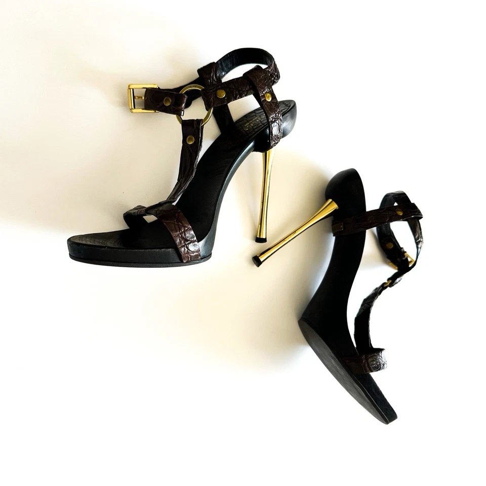 Сандалии на золотом каблуке Tom Ford Gucci Runway S 2002 знаковые винтажные дерево и кожа 38 - Изображение 2 из 4