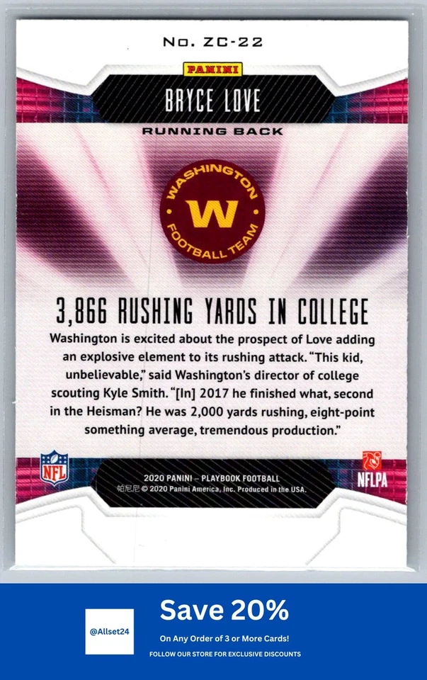 2020 Panini Playbook #ZC-22 Bryce Love Zoning Commission Washington D92 - Image 2 of 2