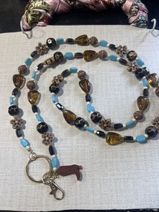 Beaded Women’s Lanyard Keychain Lobster Clasp Blue Brown Silver
