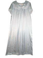 Vintage Nightgown Satin Lingerie Blue Lace Embroidered Barbizon Collar Long XL