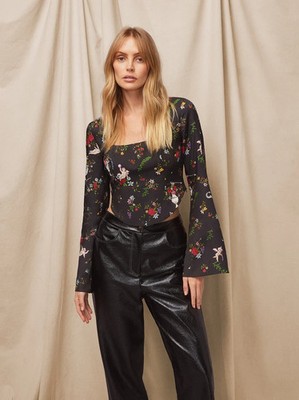 KITRI £130 Mona Cherub Floral Print Bell Flared Sleeve Crop Top UK 8 US 4 BNWT
