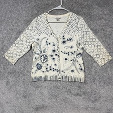 Christopher Banks Cardigan Sweater Womens M White Blue Floral Knit Boho Y2K