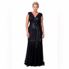 Tadashi Shoji Sequin and Tulle Lace Mermaid Gown Ribbon Navy 3T1430LX sz:12 438