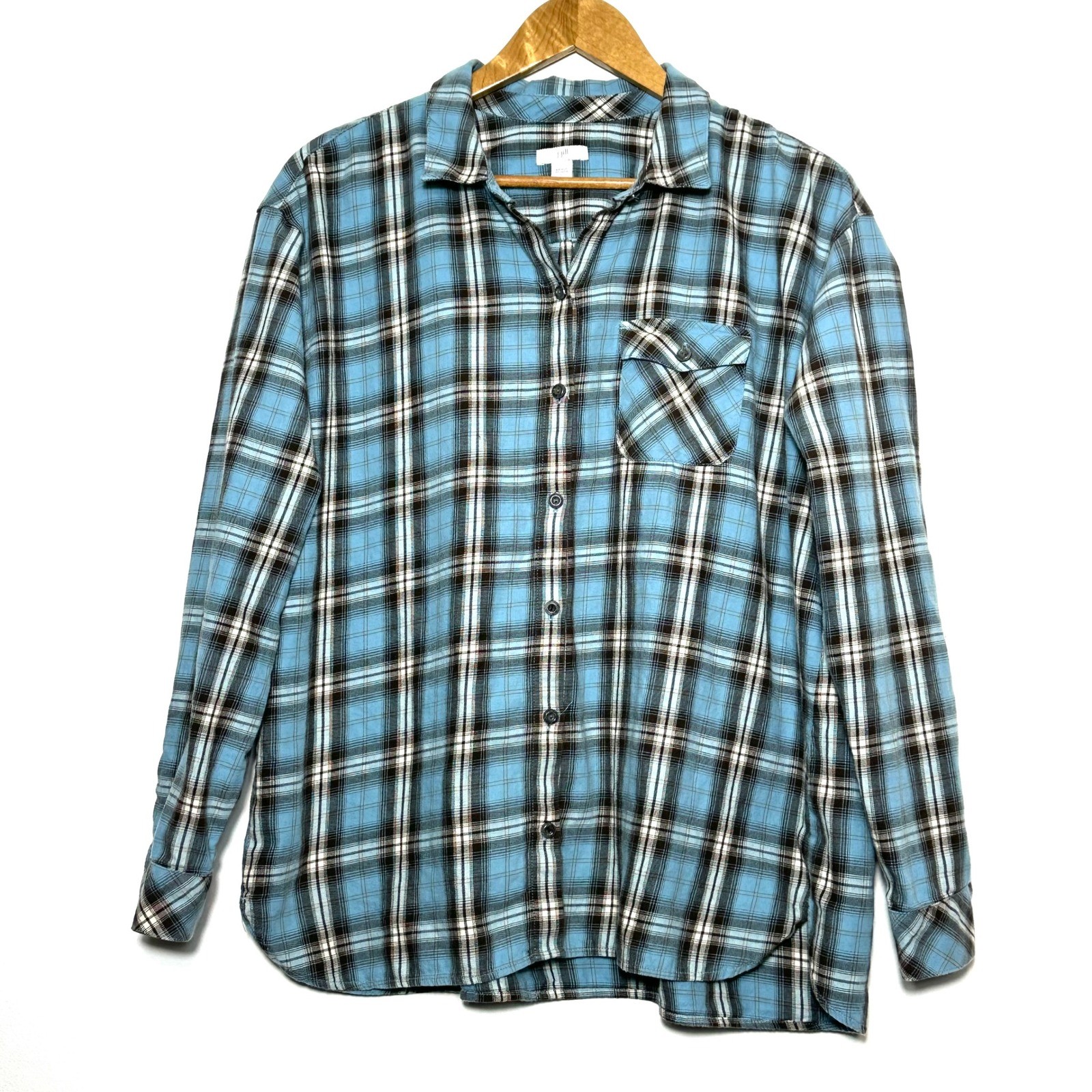 J. JILL Shirt Women's Large Blue Cotton Plaid Long Sleeve Button Up Pocket Top