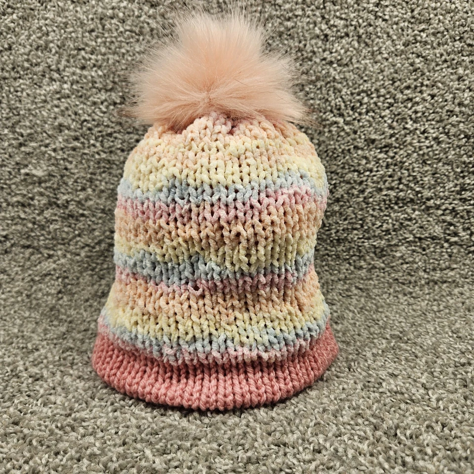 Gorro Tejido Hecho a Mano Toque Tobogán Talla 12-24 Meses Pastel/Rosa Suave Pom Foto 4 de 4