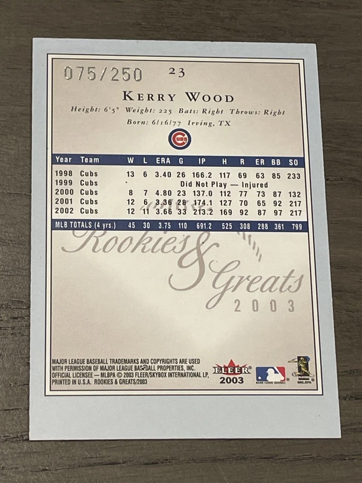 2003 Fleer Greats & Rookies Blue Kerry Wood #23 Chicago Cubs /250 - Image 2 of 2