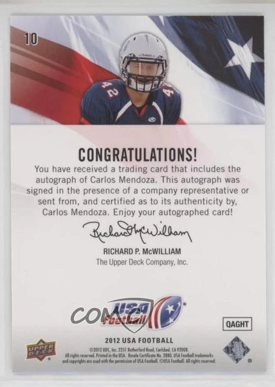 2012 Upper Deck USA Football Box Set Auto Carlos Mendoza #10 Auto - Image 2 of 2