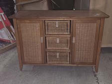 Wooden Rattan Side Board With 3 Drawers, 2 Cupboards, Leather Pull Handles