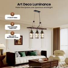 3-Light Farmhouse Loft Rustic Chandelier Wood Pendant Ceiling Light Fixture Lamp