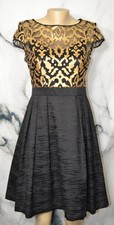 ADRIANNA PAPELL Black Gold Cap Sleeve Dress 4 Sheer Patterned Top Textured Skirt