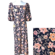 Old Navy Puff Sleeve Floral Pintucked Smocked Midi Swing Dress Women Small Black