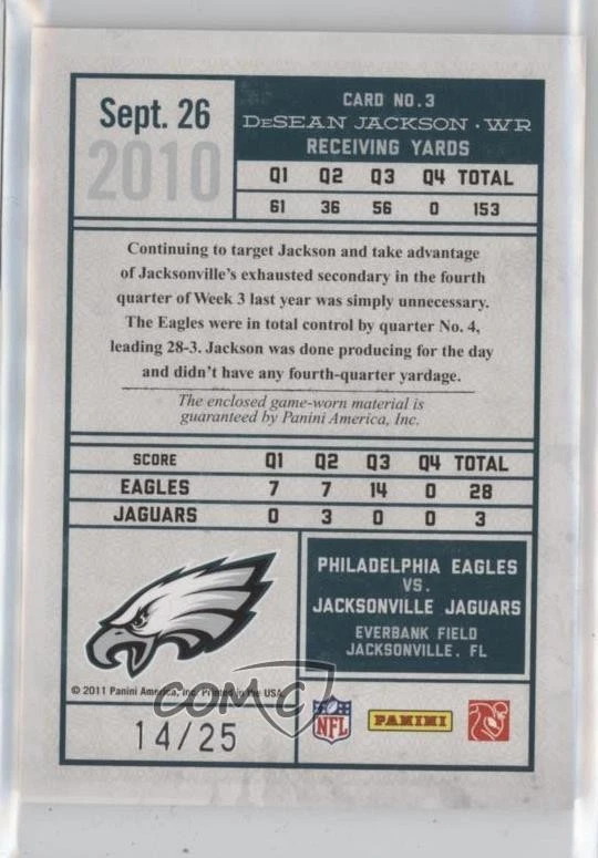 2011 Timeless Treasures Gameday Souvenirs 4th Quarter Prime /25 DeSean Jackson - Image 2 of 2
