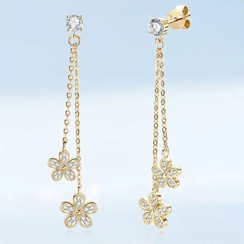 4mm D VVS1 Moissanite Flower Drop Earrings 925 Sterling Silver 18K Gold Plated - Picture 2 of 13