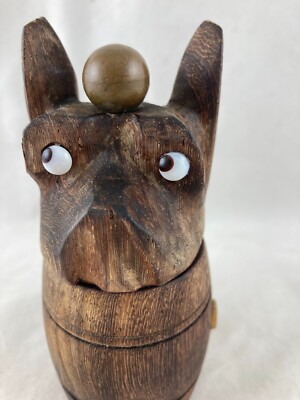 Vintage Glasaugen geschnitzt Holz Französische Bulldogge Pfeffermühle Topf Neuheit