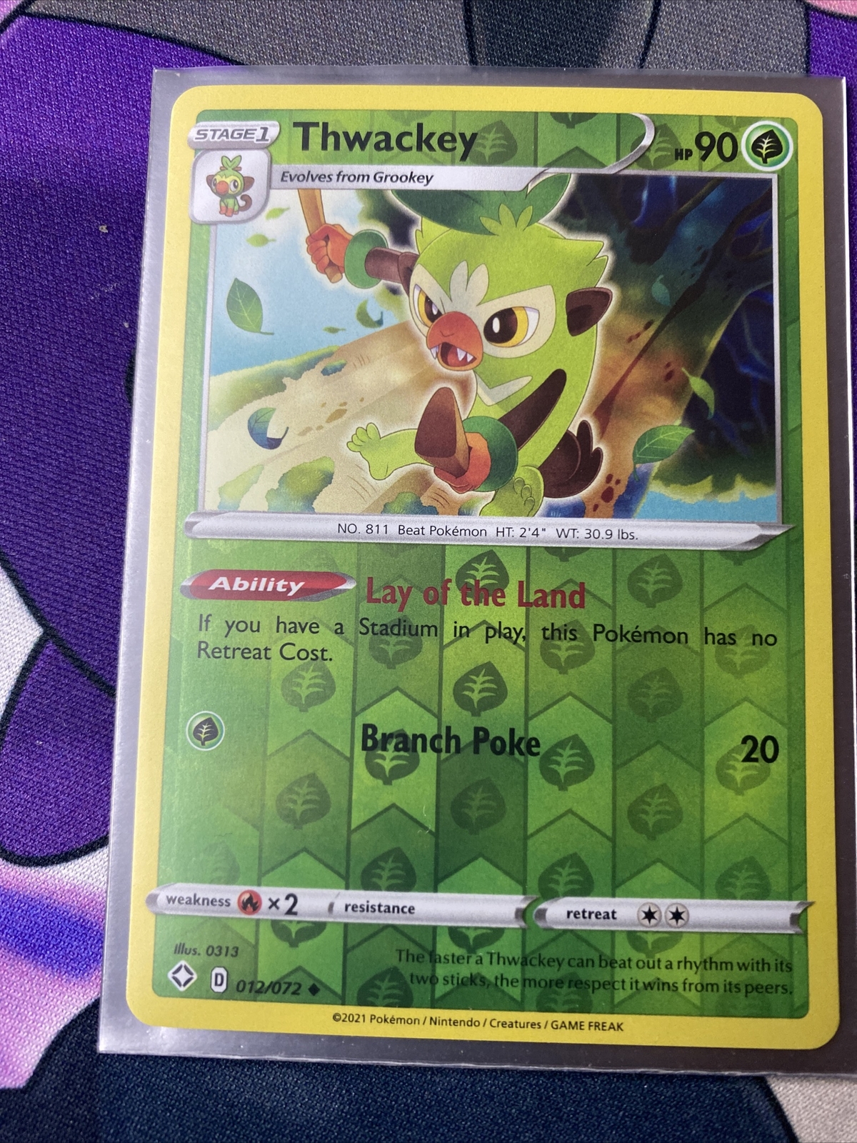 Pokemon TCG Shining Fates Reverse Holo Thwackey 12/72