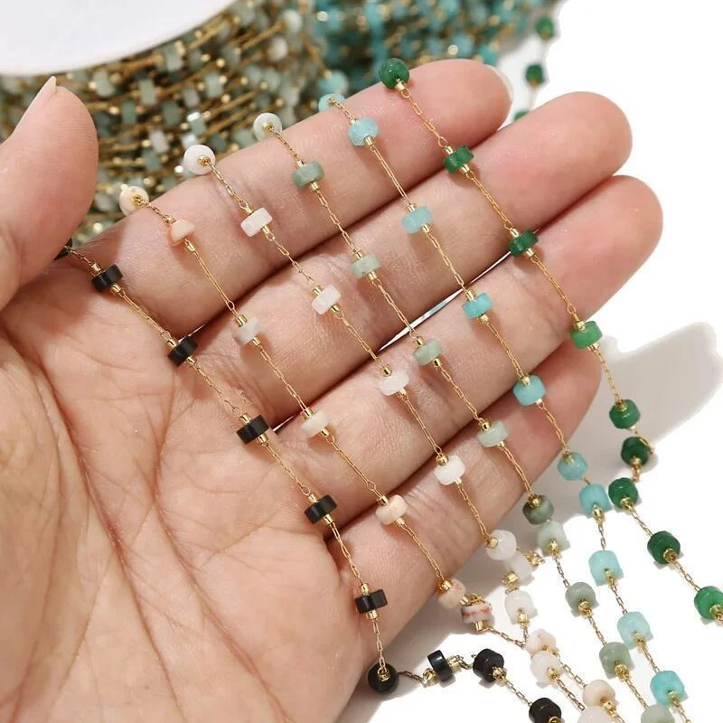 2 metros acero inoxidable oro pequeña cadena vidrio plano cuentas redondas cadenas hechas a mano Foto 2 de 2