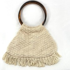 Vintage 70s Boho Macram Crochet Retro Woven Purse with Acrylic Handles Resort